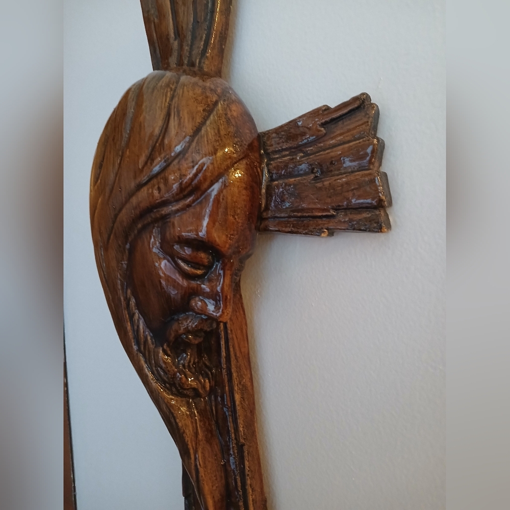 Vtg 19" Handmade Pottery Clay Cross w/ Side Profile of Jesus - Picture 4 of 16